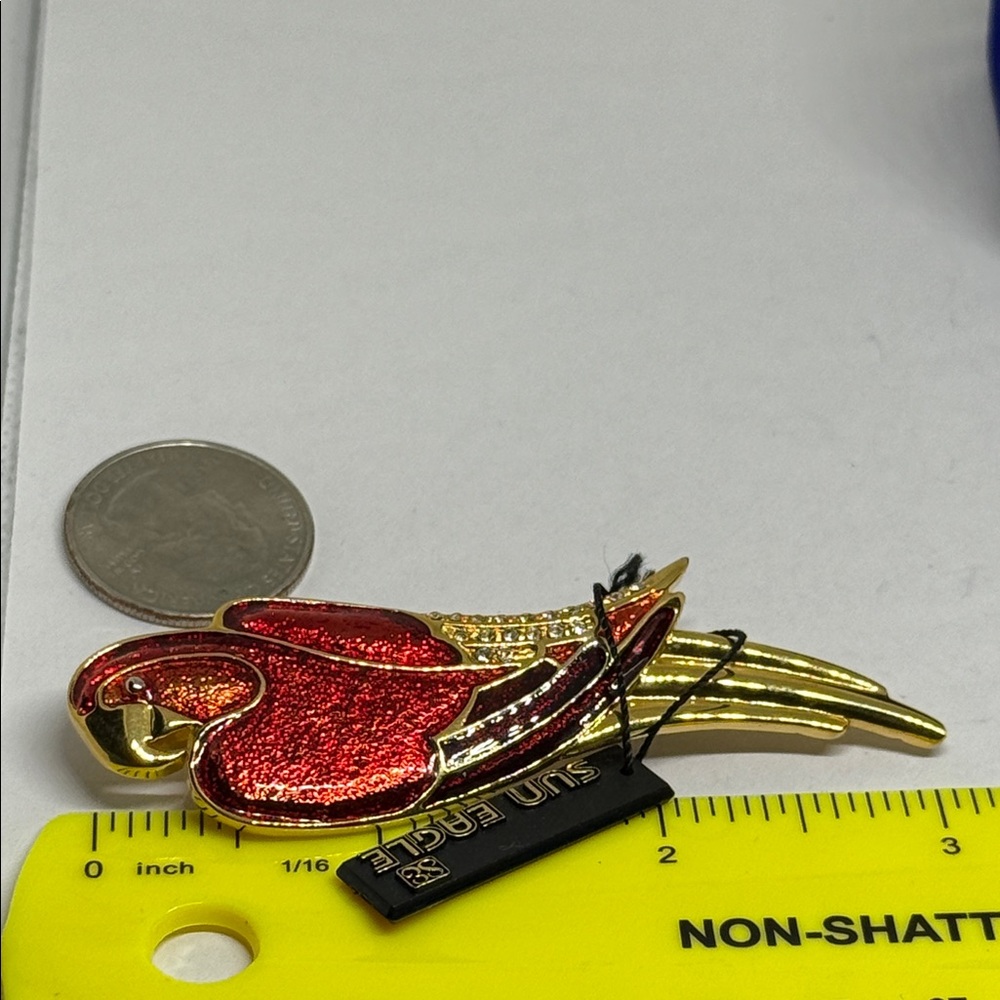Bijoux Vibrant Red Gold Parrot Pin rhinestone detailing large statement brooch - Picture 12 of 15